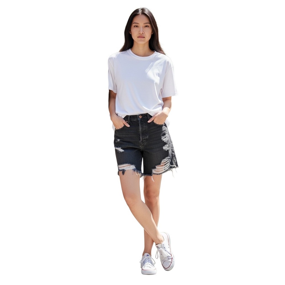 We The Free Free People Distressed Black Denim Shorts High Rise Button Fly 25